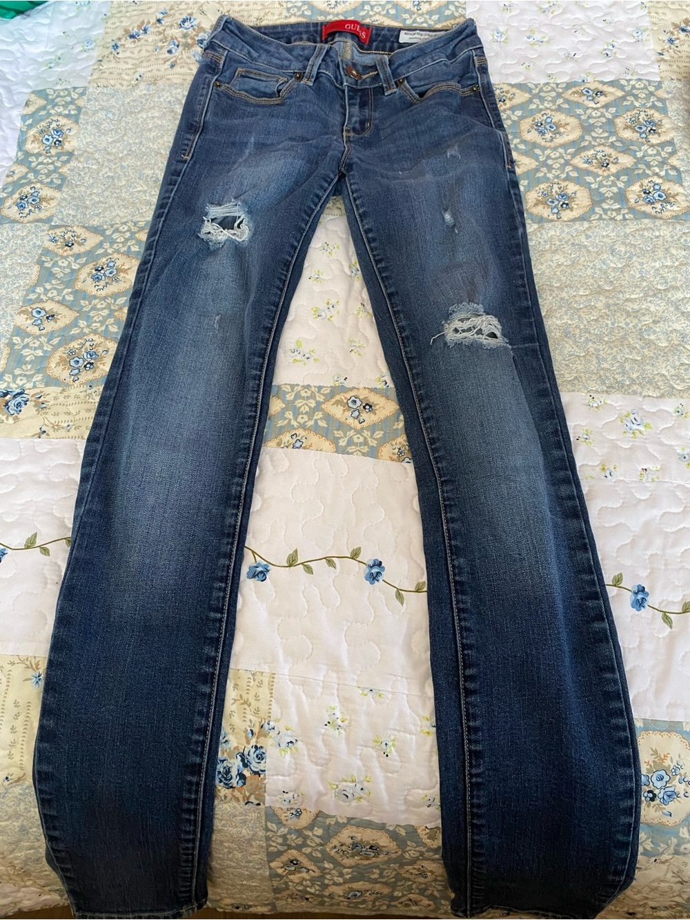 GUESS Women's Dark Blue Distressed Skinny Jeans